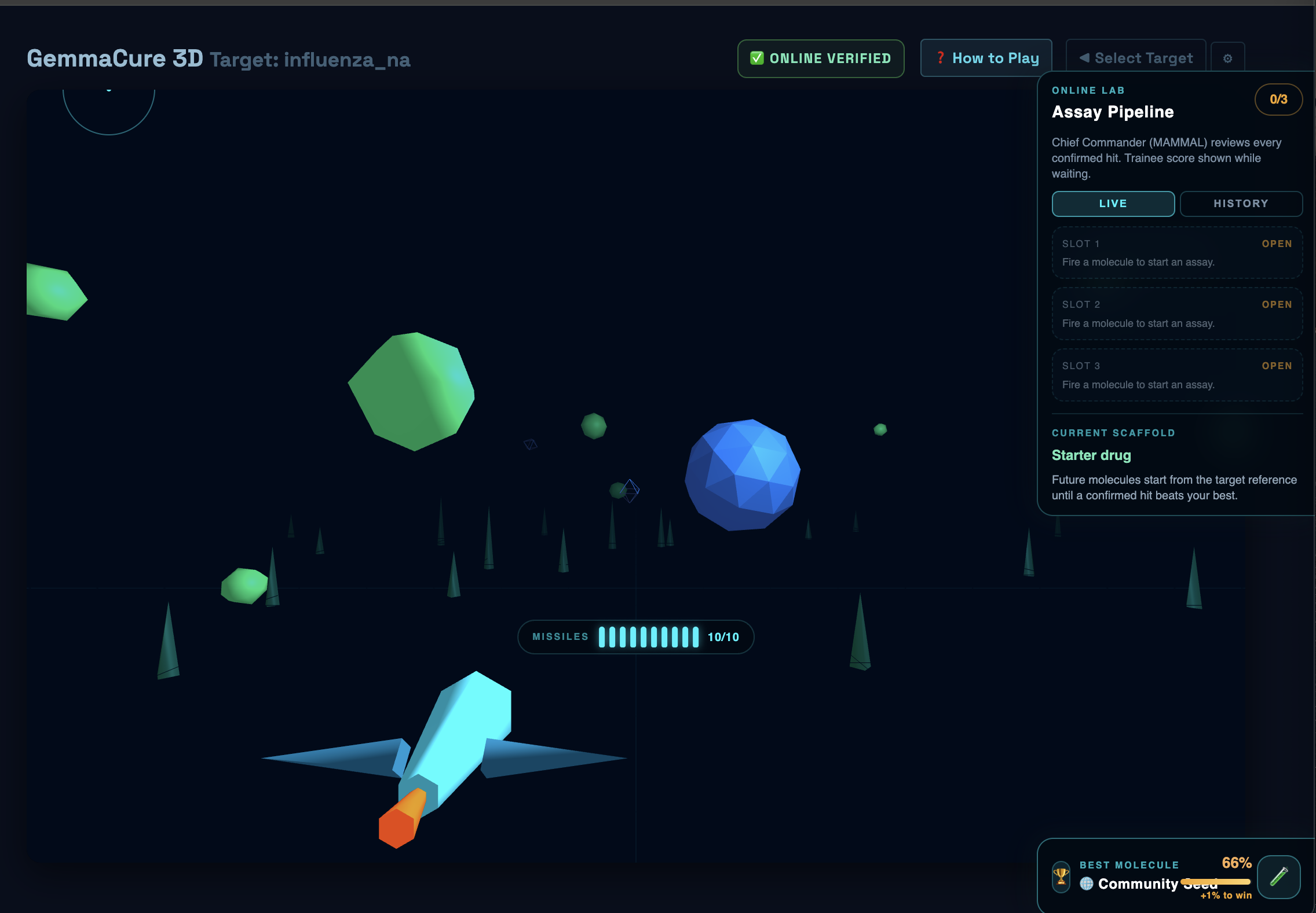 Discovery Arena gameplay screen showing the influenza target battle, assay pipeline, missile rack, and best molecule panel.